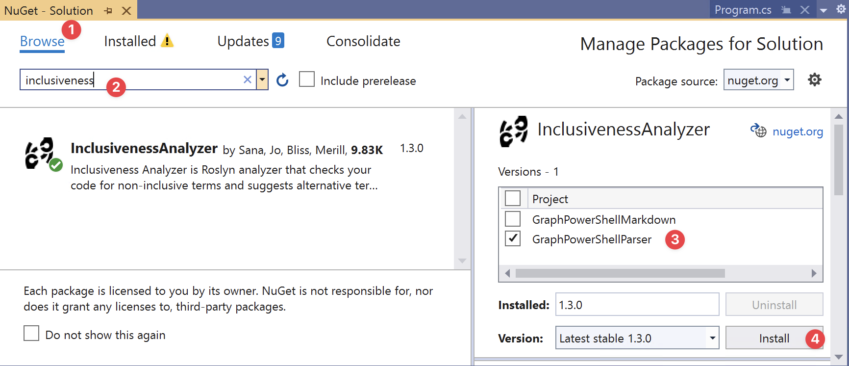 Screenshot showing nuget install from user interface.
