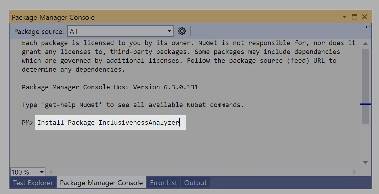 Screenshot showing nuget install from command line.