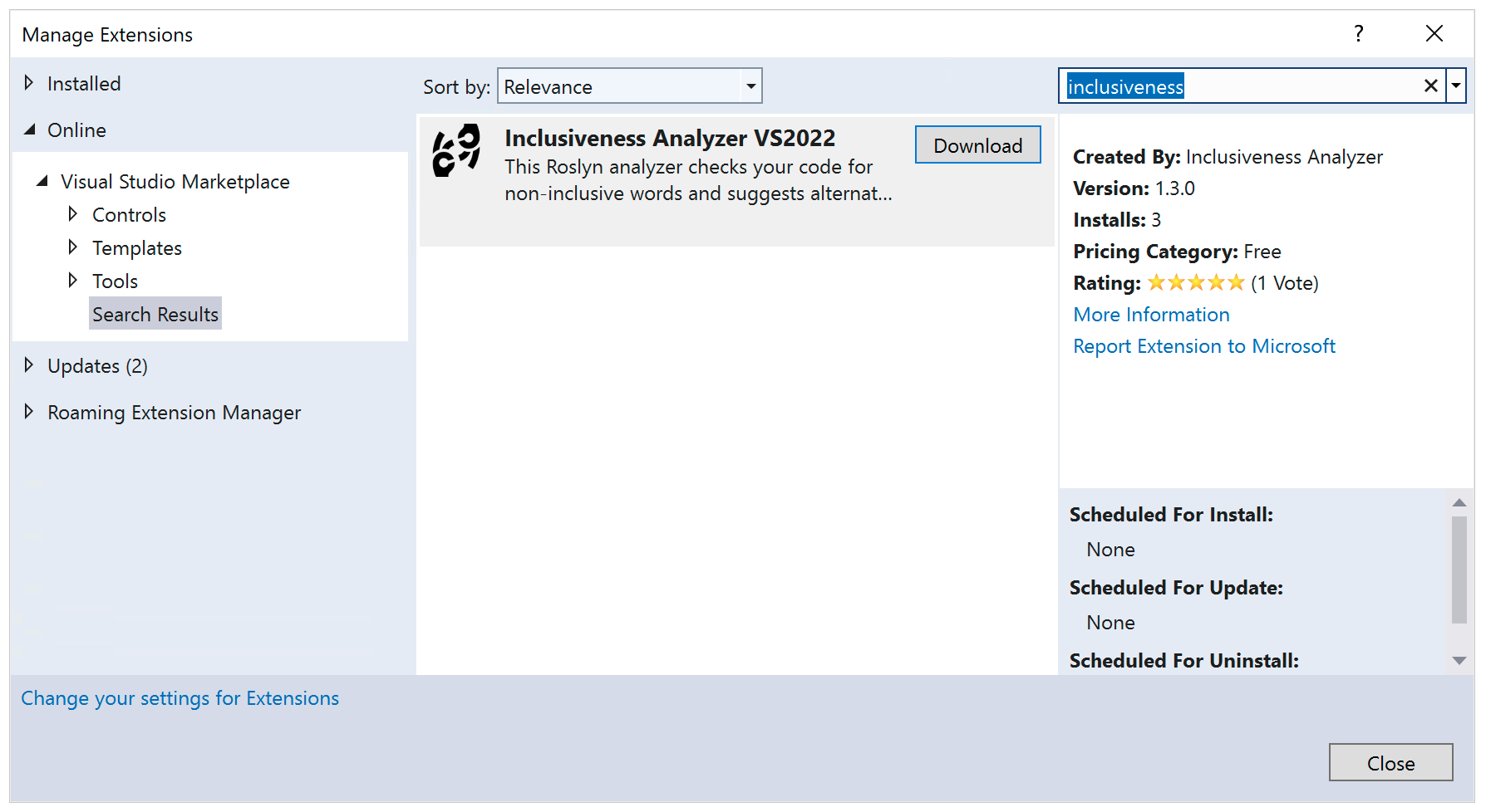 Screenshot showing Inclusiveness Analyzer being added to Visual Studio.